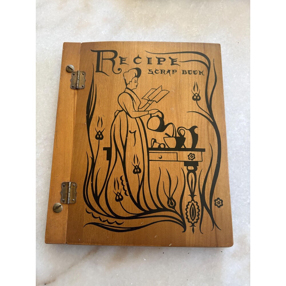 Vintage hinged wooden recipe scrapbook book est. 40s, Art Nouveau-influenced